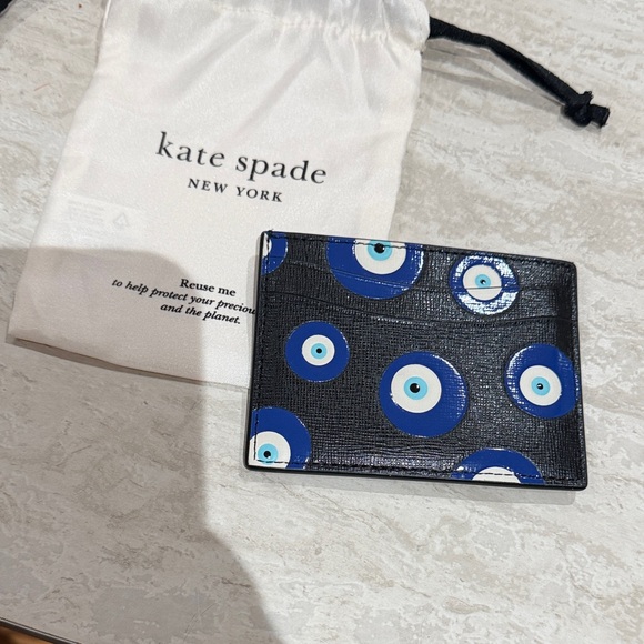Kate Spade Black and Blue Circle Pattern Card Holder Evil Eye Rare - Picture 3 of 4